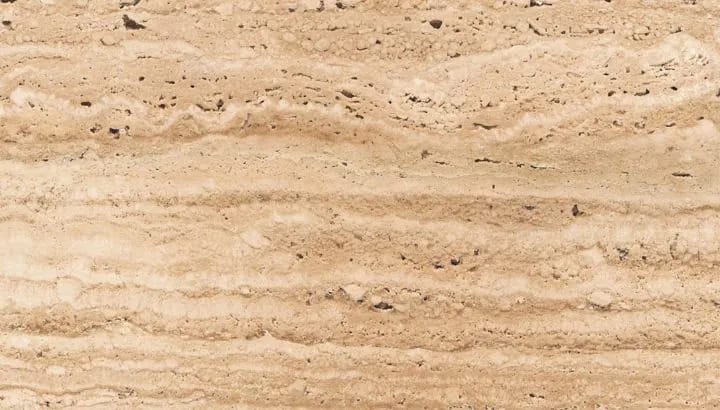 Beige travertine, vein cut, warm bands running straight across the face