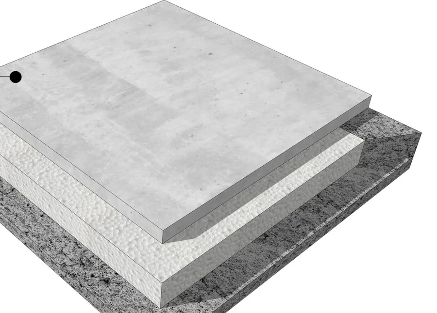Cutaway of a plain concrete cement heat insulation tile: a grey cement face over expanded polystyrene over foam concrete