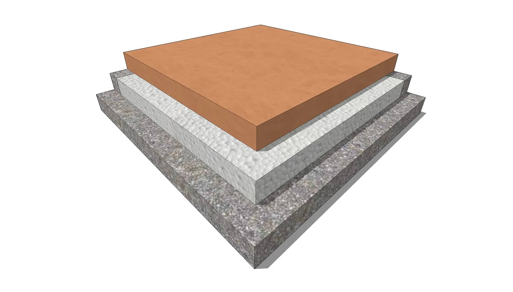 Cutaway of a roof heat insulation tile showing three layers, a cement wearing top, a pale insulating core and a grey aggregate concrete base