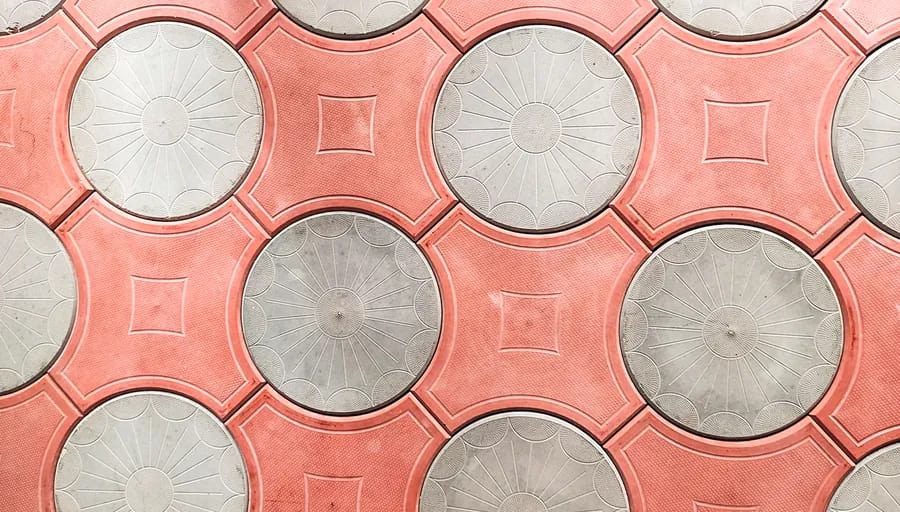 Red concrete paving field with round grey discs inset in a regular grid