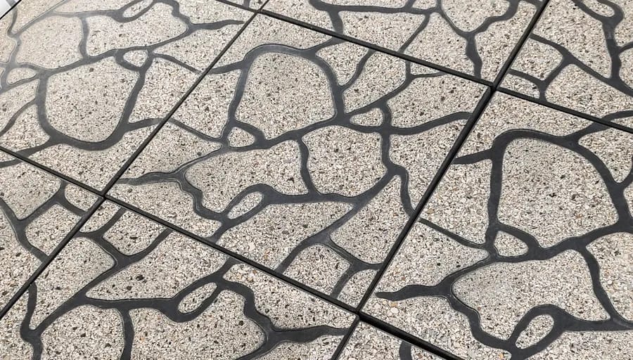 Pale exposed aggregate paving with a crazy paving pattern cast into the face