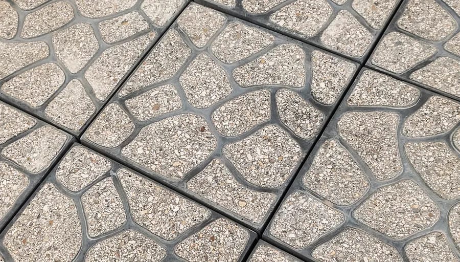 Exposed aggregate paving with a crazy paving pattern and a coarser chip than ATW-1005