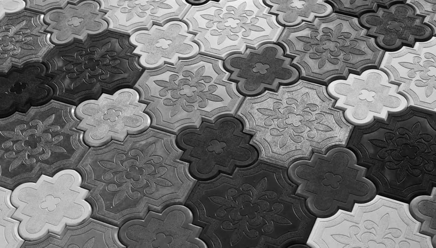 Clover shaped interlocking pavers in three tones of grey