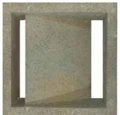 Dry cast screen block DCS-1001, a square opening with a narrow vertical slot on each side, in grey concrete with a matte textured face