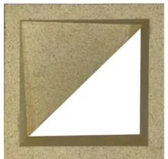 Dry cast screen block DCS-1002, a square frame split corner to corner by a diagonal bar leaving a triangular opening, in buff concrete
