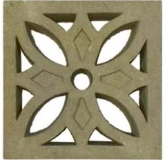 Dry cast screen block DCS-1003, a four petal rosette with pointed diamond piercings around a small round centre, in olive grey concrete