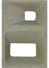 Dry cast screen block DCS-1006, a small rounded square opening set above a wider rounded rectangle, both with deep reveals, in pale grey concrete