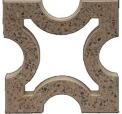 Wet cast screen block WCS-7002, four concave arcs cut into the sides leaving a splayed cross, in brown concrete with dark speckled aggregate
