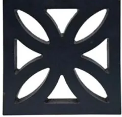 Wet cast screen block WCS-7004, a four petal quatrefoil cut through a square face, in black concrete with a smooth polished surface