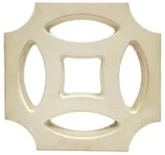 Wet cast screen block WCS-7009, four elliptical openings set around a rounded square centre, in cream concrete