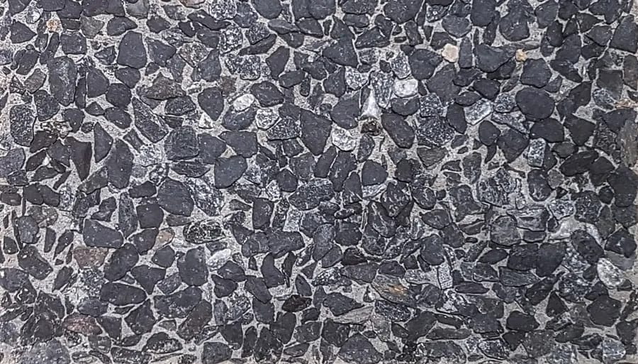 Washed terrazzo in near black angular chip with white flecks, set in a dark grey matrix