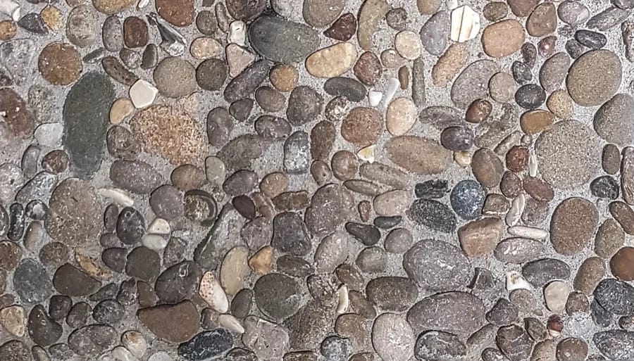 Washed terrazzo in rounded grey and brown river pebble, the coarsest grade in the range