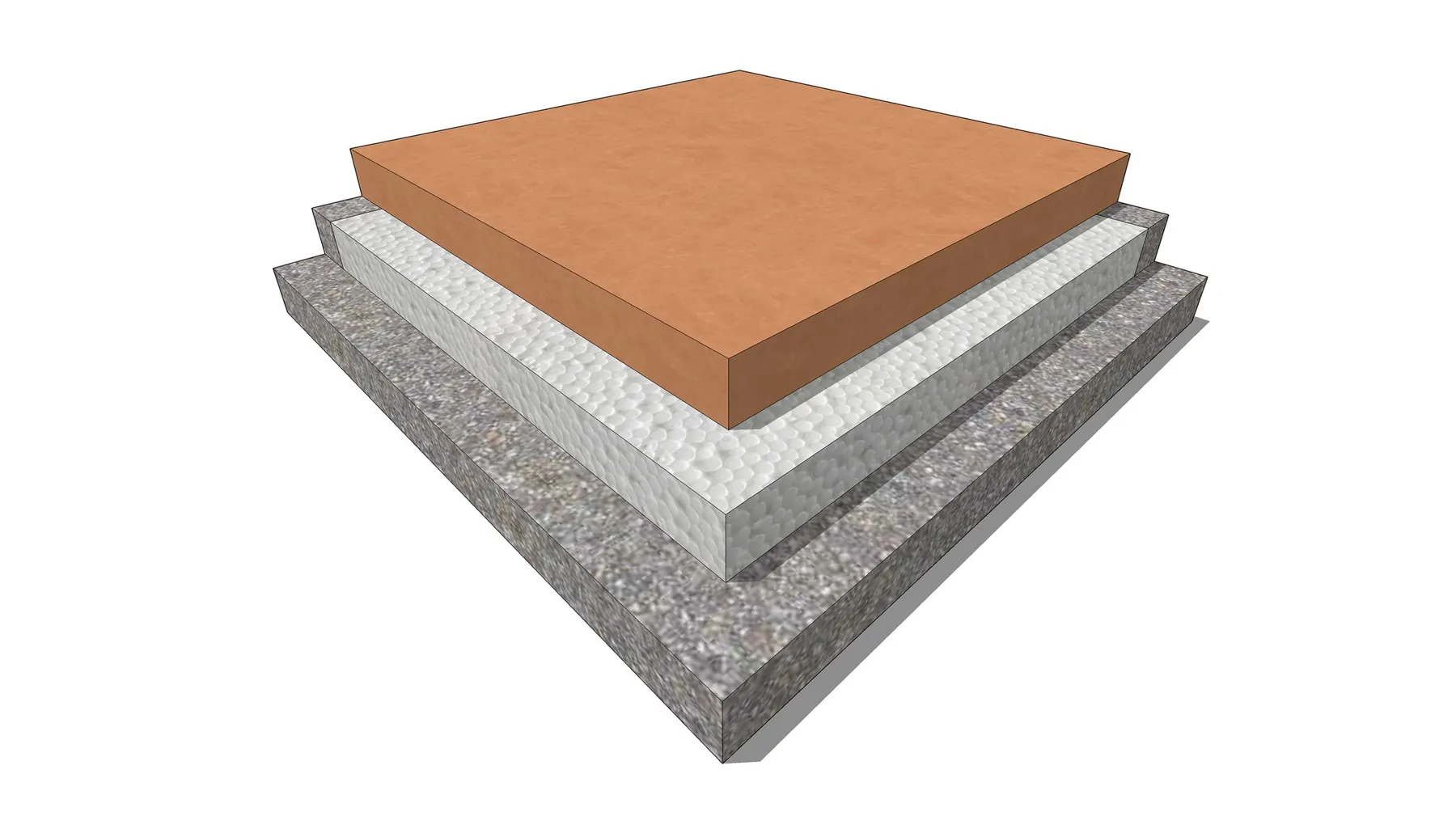 Cutaway of a roof heat insulation tile showing three layers, a cement wearing top, a pale insulating core and a grey aggregate concrete base