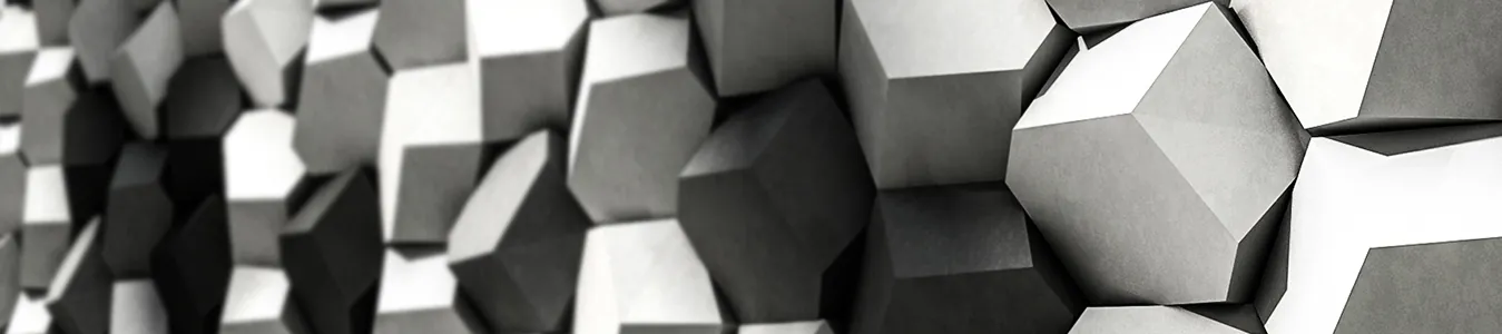 Koella 3D concrete tiles in black, white and grey, chunky angular blocks standing at different depths off the wall