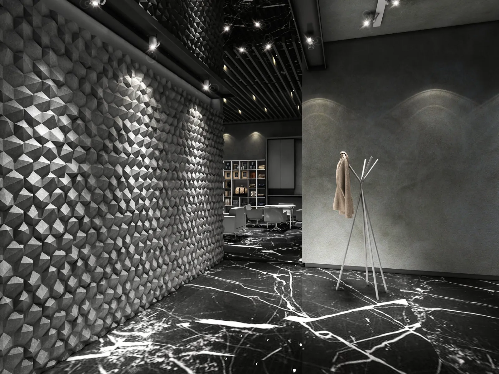 Shakl 3D concrete wall tiles, a field of triangular facets meeting at off centre apexes
