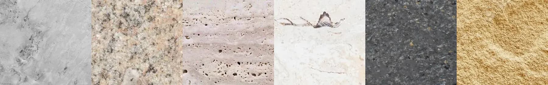 Marble, granite, travertine, limestone, basalt and sandstone sample strips butted edge to edge
